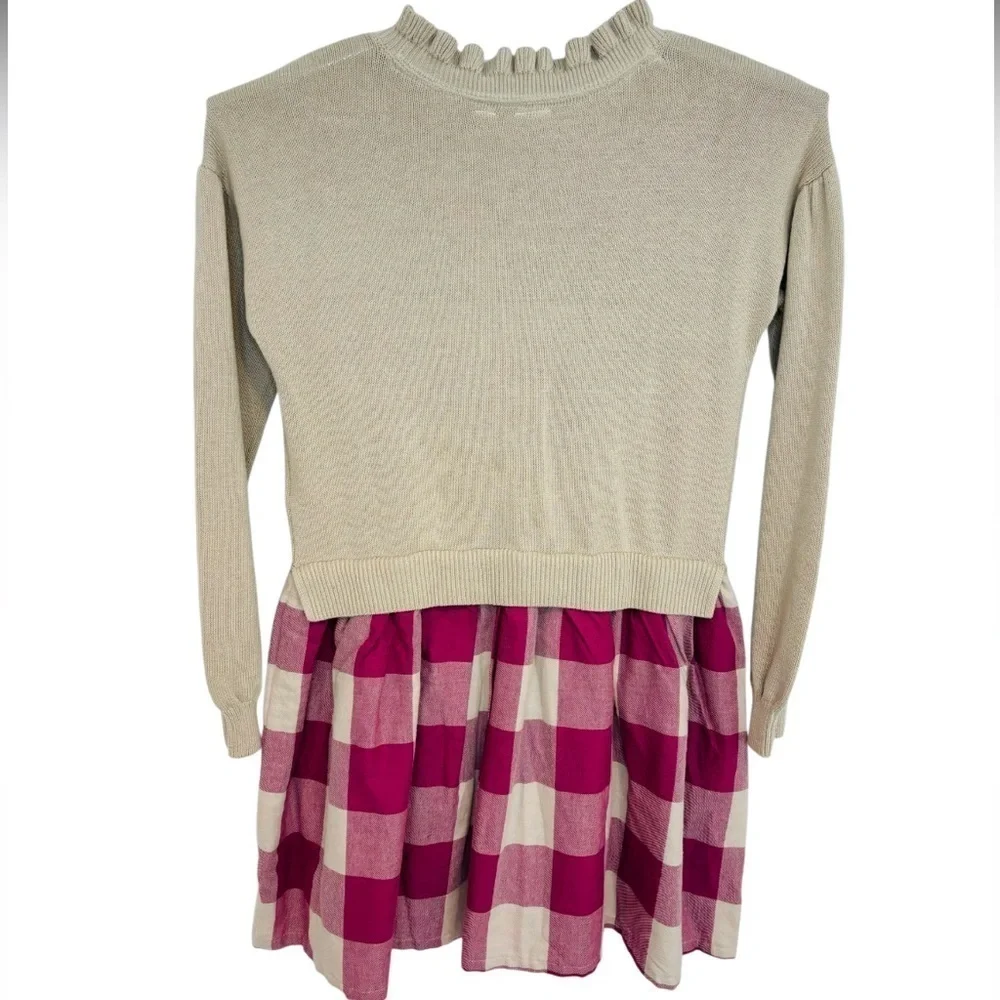 GAP KIDS 2-in-1 SWEATER DRESS, TAN & CRANBERRY PLAID, SIZE L